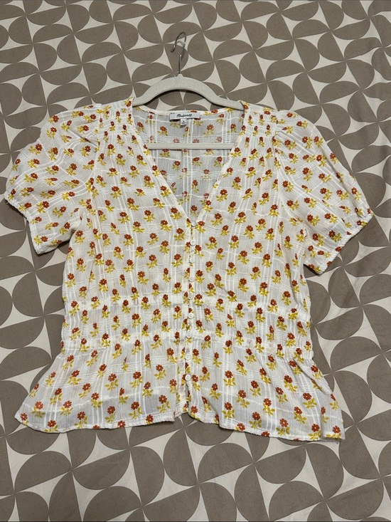Madewell Tops - Madewell White Button-Front Floral Peplum Blouse with Orange Flowers Medium